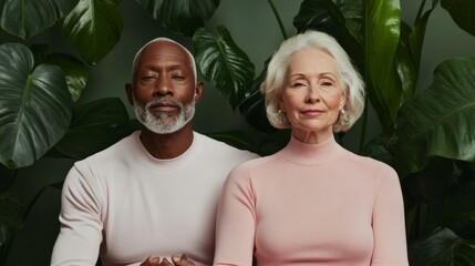 Harmonious Senior Lifestyle Diverse Elderly Couple Practicing Gentle Yoga in Verdant Outdoor Retreat - Modern Wellness Imagery for Retirement and Health Marketing