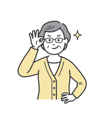 眼鏡を上げてニヤリと笑い自信を見せる高齢女性
