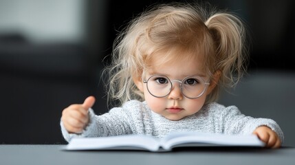 Toddler girl reading book, thumbs up, home interior.  Educational resource