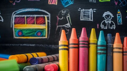 Colorful Crayons Against A Childrens Chalk Drawing