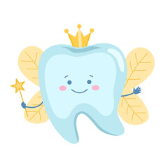 Cute fairy tooth character with magic wand. Oral care, mouth hygiene, teeth restoration concept cartoon vector illustration