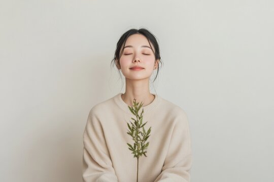 Minimalist Home Clarity Slim Asian Woman, 30s, Embracing Mindful Decluttering in Neutral Interiors - Sustainable Living and Modern Organizational Strategies