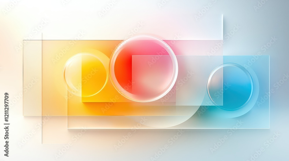 Poster a minimalist geometric artwork with overlapping translucent circles and squares, utilizing soft past