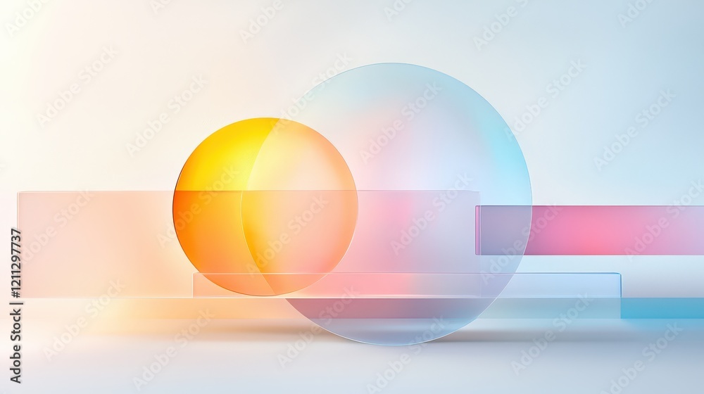 Poster a minimalist geometric artwork with overlapping translucent circles and squares, utilizing soft past