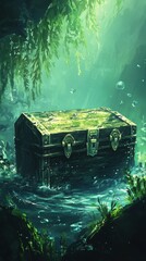 Sunken Treasure Chest In A Verdant Underwater Grotto