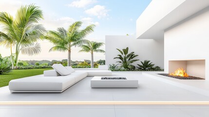 Naklejka premium A minimalist patio design with clean lines, a white sofa, a geometric fire pit, and a garden backdrop.