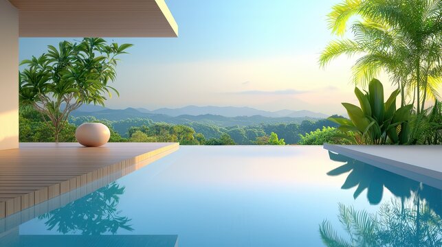 A minimalist ese pool with clean lines, wooden deck, and lush greenery, creating a tranquil Zen garden atmosphere.