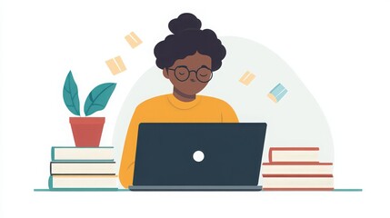 A student completing an online quiz about literature on a laptop.