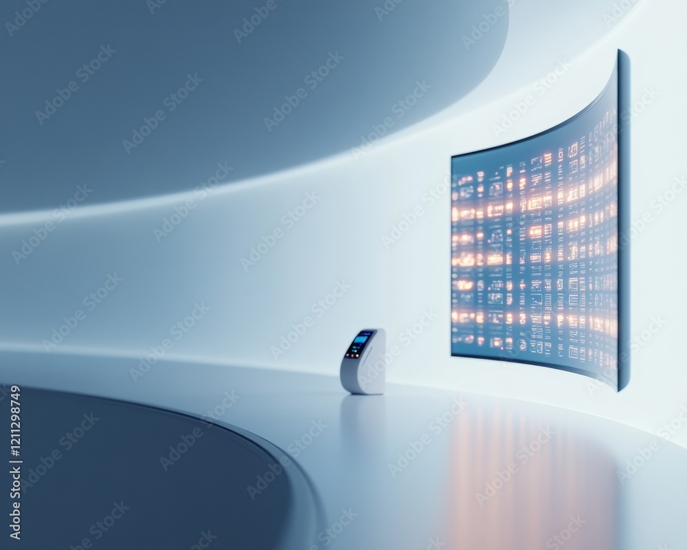 Aufkleber Curved Smart Screen and AI Speaker in Minimalist Workspace Sleek Interactive Display for Digital Professionals - Enhancing Productivity and Innovative Design in Tech-Driven Environments