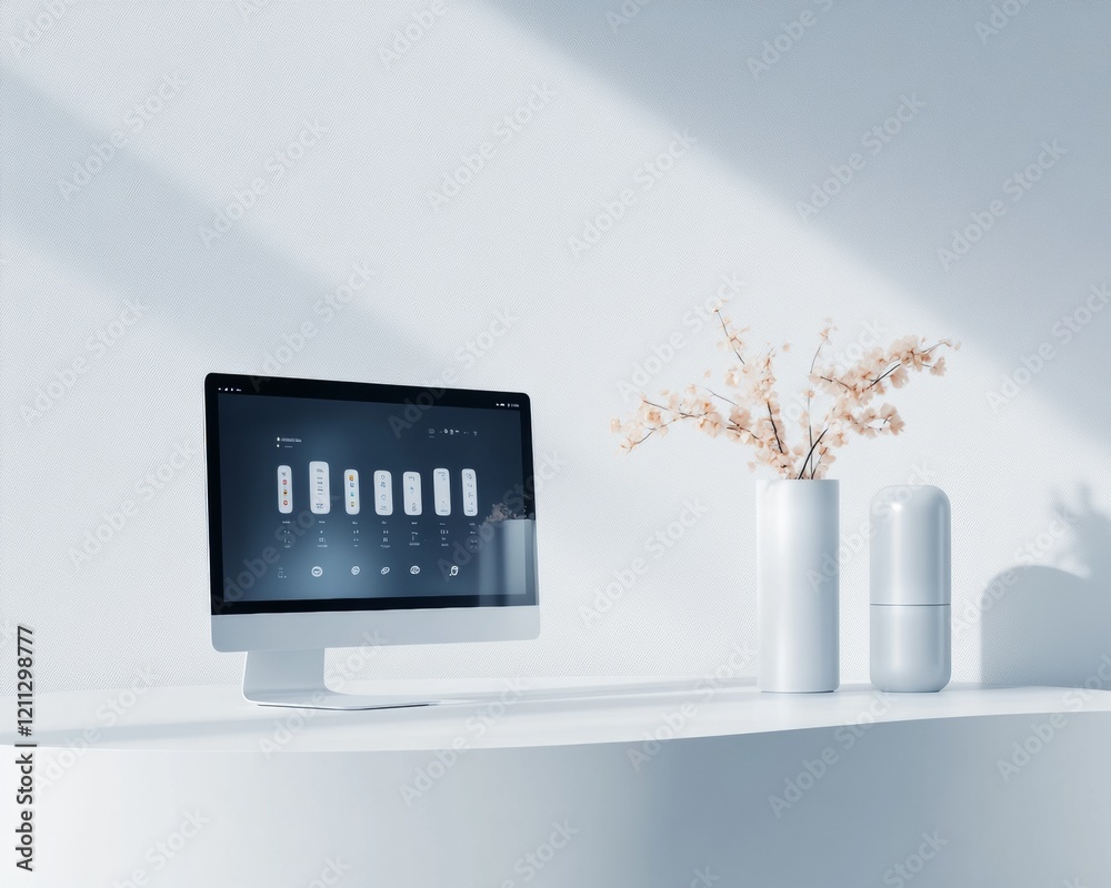 Poster Minimalistic Modular Workspace Curved Smart Screen with Interactive Apps and AI Speaker on Sleek Surface - Tech Integration for Modern Business Efficiency