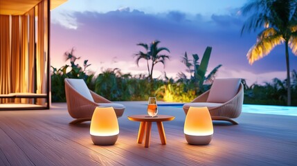 Obraz premium A serene outdoor patio featuring comfortable chairs, a small table, and gentle lighting, ideal for enjoying peaceful moments in nature.