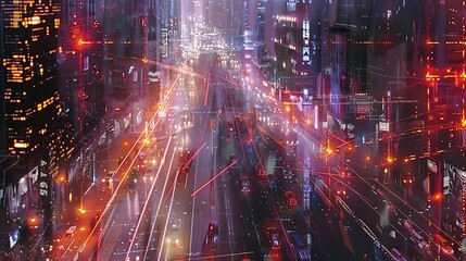 Obraz premium Futuristic Cityscape Night Traffic Flowing Through Megalopolis