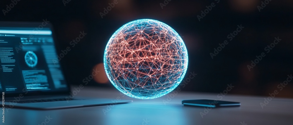 Aufkleber Futuristic Cybersecurity Desk Holographic Globe with Digital Networks on Sleek Workspace - Advanced Tech Solutions and Global Connectivity for Modern Business Efficiency