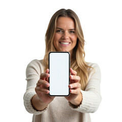woman holding a mobile phone with transparent background