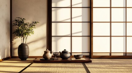 Serene Minimalist Interior with Tea Set and Sunlight