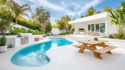 Fototapeta premium A vibrant summer backyard with a barbecue grill, picnic table, and a refreshing pool, perfect for enjoying sunny days with family and friends.