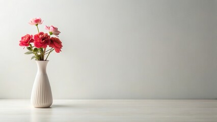 Fototapeta premium A Simple Bouquet of Vibrant Pink and Red Flowers in a White Vase on a Light Wooden Table Against a Neutral Wall