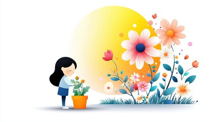 Naklejka premium A whimsical vector-style image of a woman planting flowers in a garden, surrounded by colorful blossoms, leafy plants, and a sunny atmosphere, great for seasonal posters.