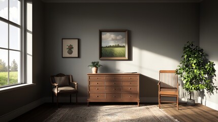Fototapeta premium Serene Room Interior with Sunlight Streaming Through Window
