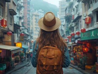 Exploring vibrant street markets macau travel experience urban environment back view cultural adventure
