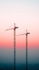 Obraz premium Sunset Urban Canvas Silhouette of Cranes Sculpting Indian Cityscape Steel and Concrete Architecture for Real Estate Growth and Infrastructure Development