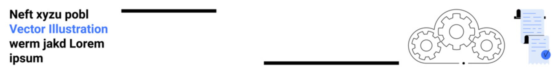 Black text, blue colored Vector illustration, various black lines, cloud with gears inside, document with lines of text, and blue circle. Ideal for cloud computing, data storage, workflow automation