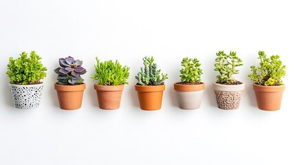 Seven Small Succulents Planted In Terracotta Pots