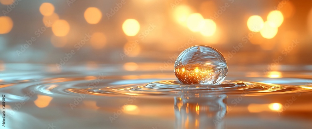 Poster Crystal sphere floating on calm water with bokeh lights.