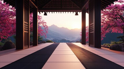 Fototapeta premium Serene sunrise view from a tranquil rustic wooden pavilion bathed in the soft golden light of dawn
