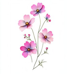 Pink cosmos flowers, white background, floral design, print