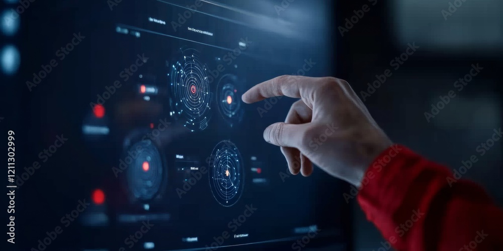 Fototapete Interactive Digital Interface Real-Time Analytics on High-Resolution Touchscreen in Tech Savvy Operations Center - Smart City Management and Efficiency Solutions for Urban Development