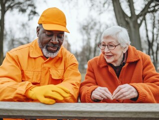 Vibrant Community Engagement Muscular African American Worker and Asian Senior in Urban Park - Inclusive Public Service and Cityscape Interaction for Social Harmony
