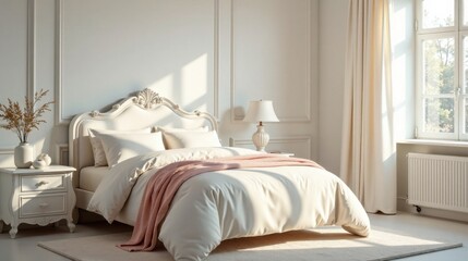 Sunlight Illuminates a Luxurious Bedroom with Elegant White Bedding and Ornate Headboard