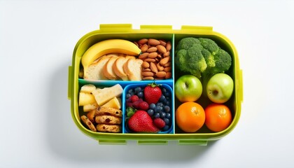 Healthy and colorful lunchbox packed with fruits, vegetables, and nuts.