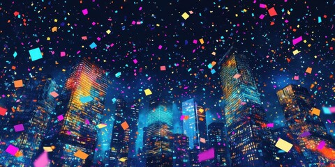 Fototapeta premium Colorful Confetti Falls Over Night Cityscape