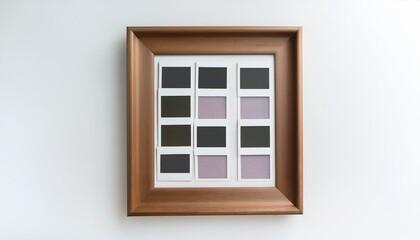 Wooden frame showcasing a collection of grayscale and purple toned photographs.