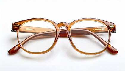 Amber round eyeglasses on white background.