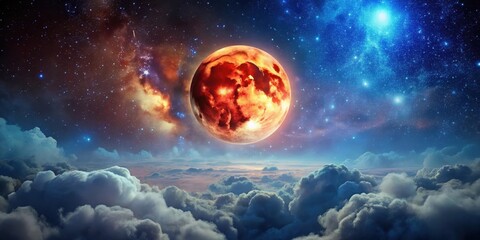 Fiery Celestial Body Ascending Above a Sea of Clouds and Sparkling Stars