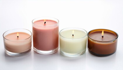 Four lit candles in different colors and containers.