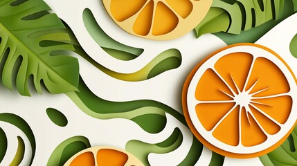 Paper art of oranges and tropical leaves.