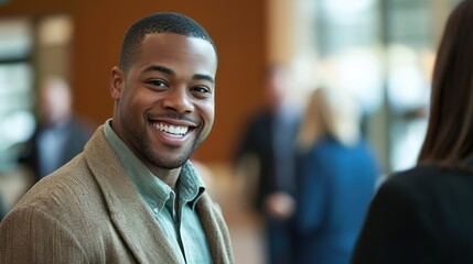 Obraz premium A smiling person introducing themselves with a handshake at a friendly corporate gathering