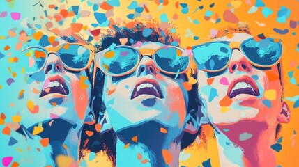 Fototapeta premium Three Women Joyfully Celebrate Amidst Confetti