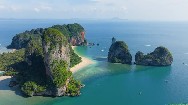 Witness the stunning aerial view of Krabis turquoise waters and limestone cliffs, with a longtail boat gliding through Thailands picturesque scenery, perfect for adventure and relaxation