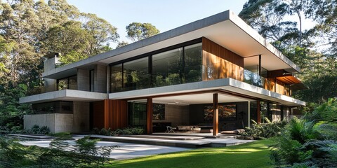 Fototapeta premium Modern Concrete House Nestled Within Lush Green Forest