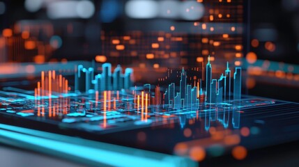 A vibrant digital display showcases dynamic data visualizations with glowing graphs and charts in blue and orange hues, highlighting trends and analytics.