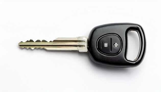 Close-up of a black car key with silver metal keyblade against a white background.