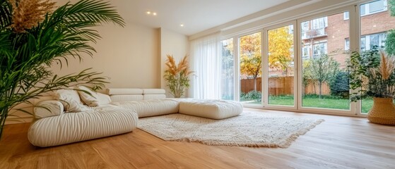 Modern Living Room Interior Design  Beige Sofa  Garden View
