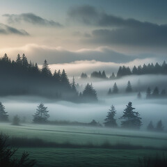 A foggy morning with trees and a foggy background