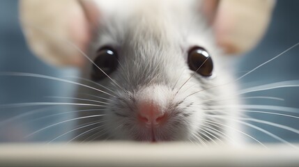 Closeup portrait of a curious lab mouse with big intense eyes and a furry face looking directly at the with a sense of wonder and in a scientific research setting