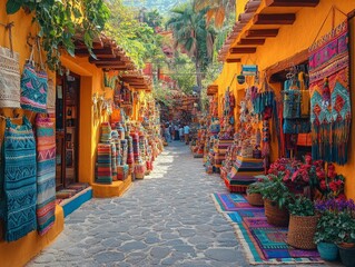 Obraz premium Vibrant market scene colorful artisan shops mexican village handmade crafts travel inspiration sunny atmosphere cultural experience